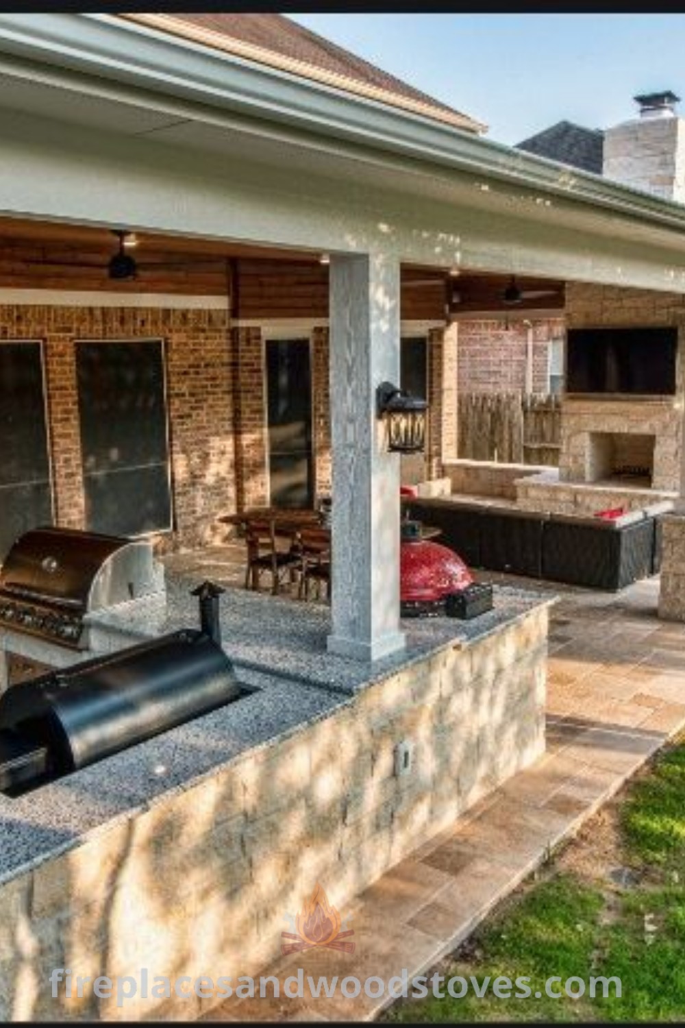 An outdoor patio featuring a seating area and grill, showcasing patio extension ideas that enhance both style and functionality. Discover inspiration for stylish designs, including deck railing ideas and fireplace patios at patioandhomefurniture.com.