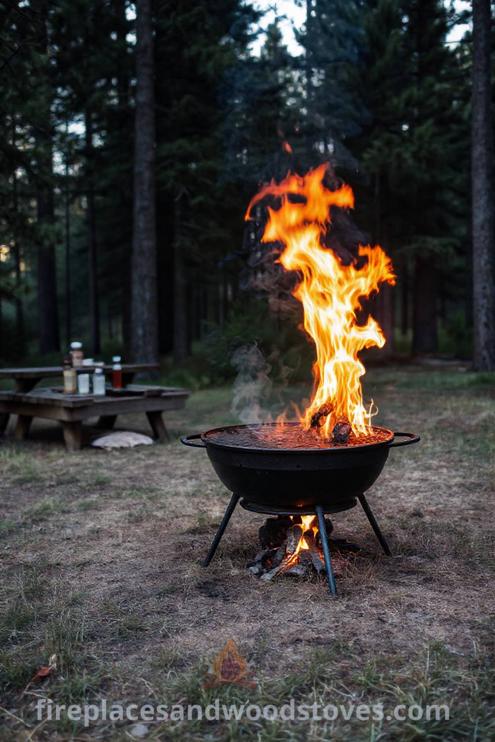 Rugged camping barbecue under towering pines with flames leaping, creating a cozy outdoor dining experience, complemented by a wooden picnic table set with condiments and plates. Visit patioandhomefurniture.com for incredible ideas transforming your backyard into a stylish and inviting feast space.