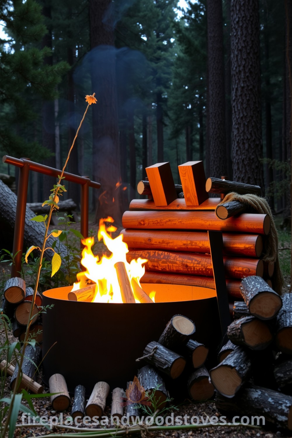 Log-built barbecue surrounded by towering pines in a secluded forest, with flickering flames in a fire pit, stacked logs for later use, and a cozy atmosphere perfect for outdoor gatherings, featured on fireplacesandwoodstoves.com.