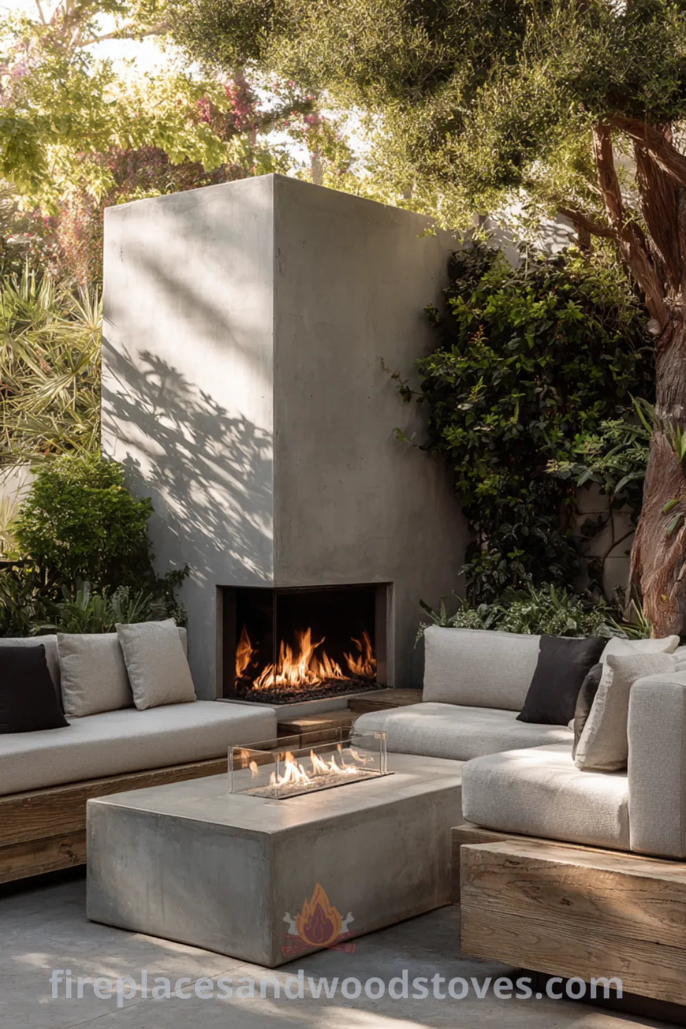 Outdoor mid century modern corner fireplace with sleek concrete finish surrounded by MCM furniture and lush greenery.