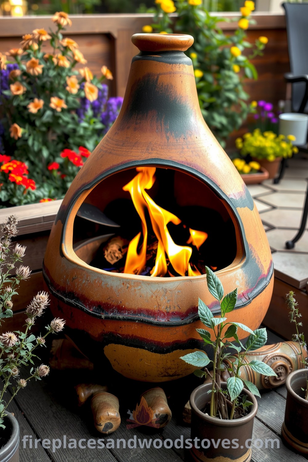 Bohemian clay outdoor barbecue in a vibrant garden setting, featuring earthy tones, dancing flames, rustic wood patio, herbs in pots, and an inviting atmosphere for gatherings, ideal for cozy outdoor meal inspirations. Visit fireplacesandwoodstoves.com for more cozy decor ideas.