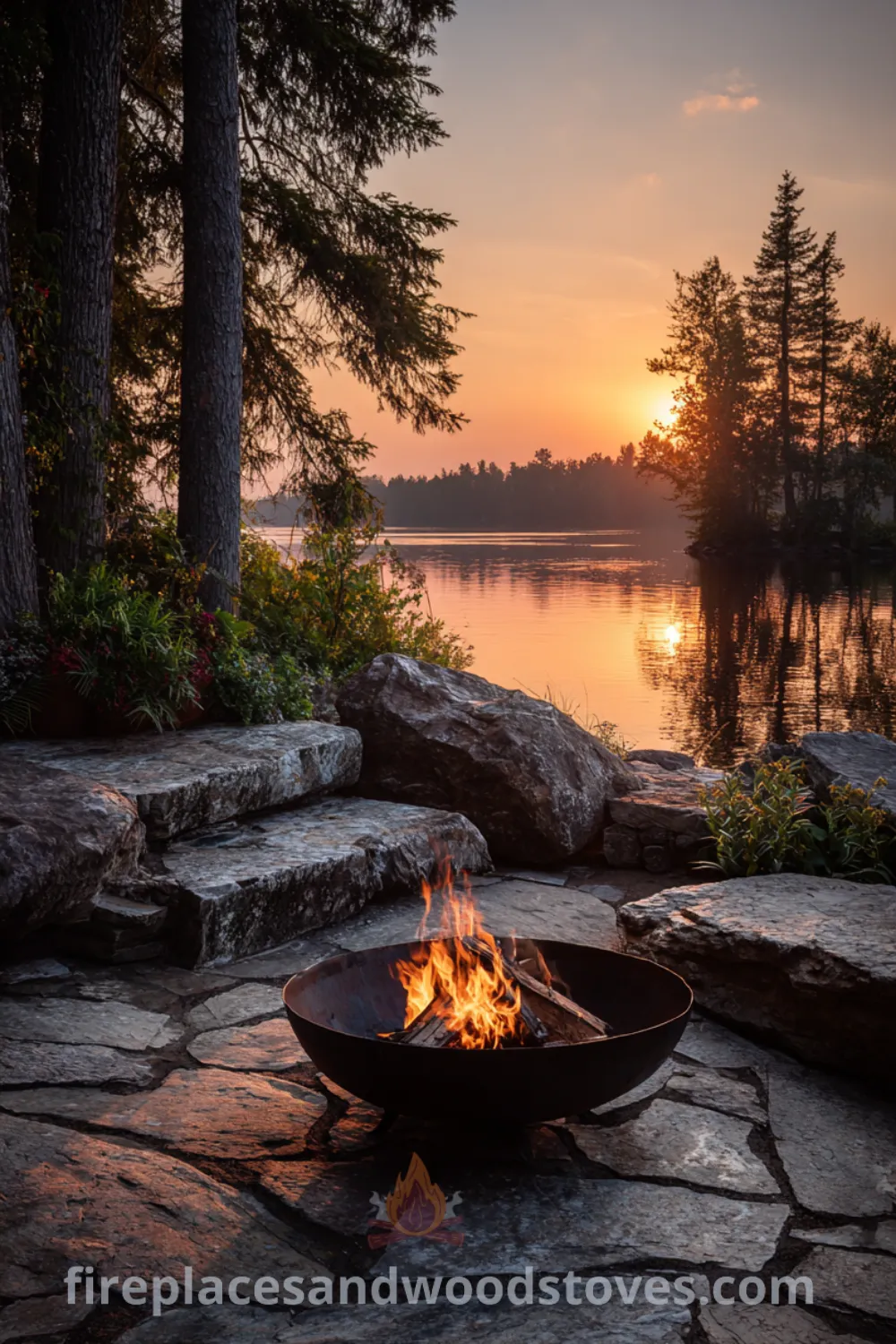 Rustic fire pit on natural rock patio by the lake, surrounded by tall trees, creating a cozy outdoor space atmosphere.