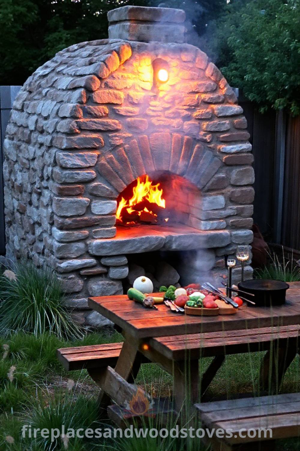 Rustic stone BBQ oven in a cozy backyard with warm flames, a wooden picnic table with fresh vegetables and grilling tools, all set in an inviting atmosphere perfect for gatherings. Visit patioandhomefurniture.com for ideas that will wow your guests and transform your outdoor space.