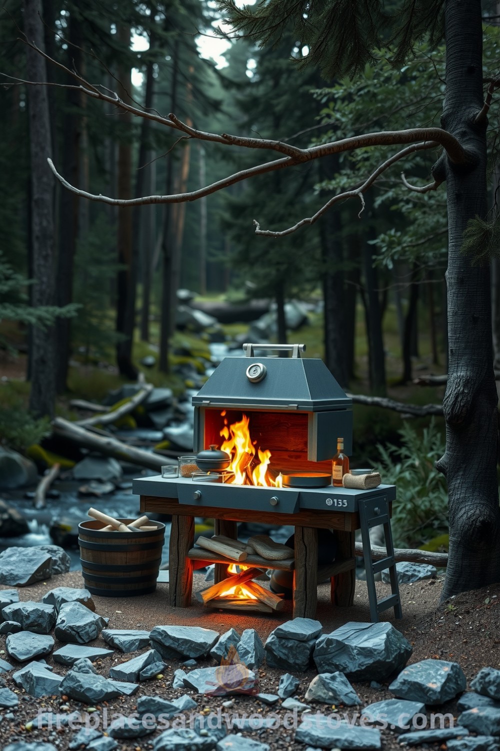 Log-built barbecue in a secluded forest clearing by a babbling brook, with warm flames flickering and rustic stones for seating, creating a cozy atmosphere perfect for gatherings under the stars, featured on fireplacesandwoodstoves.com.
