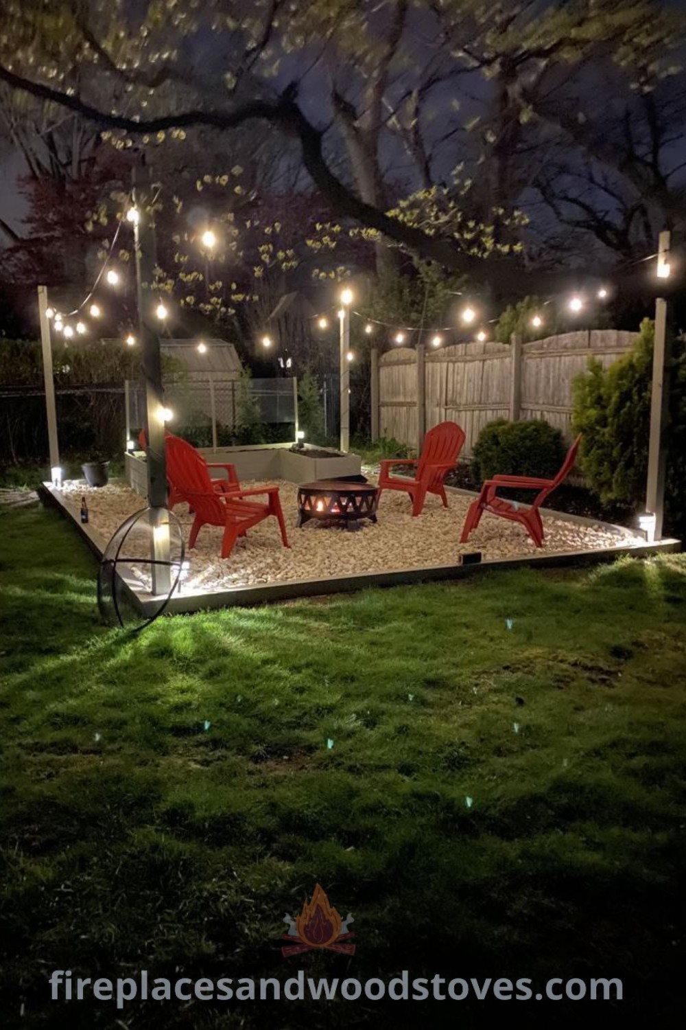 A beautifully designed outdoor fire pit area in a backyard, featuring lawn chairs and string lights, creating a cozy atmosphere for gatherings. Explore more stylish backyard designs and ideas at patioandhomefurniture.com.