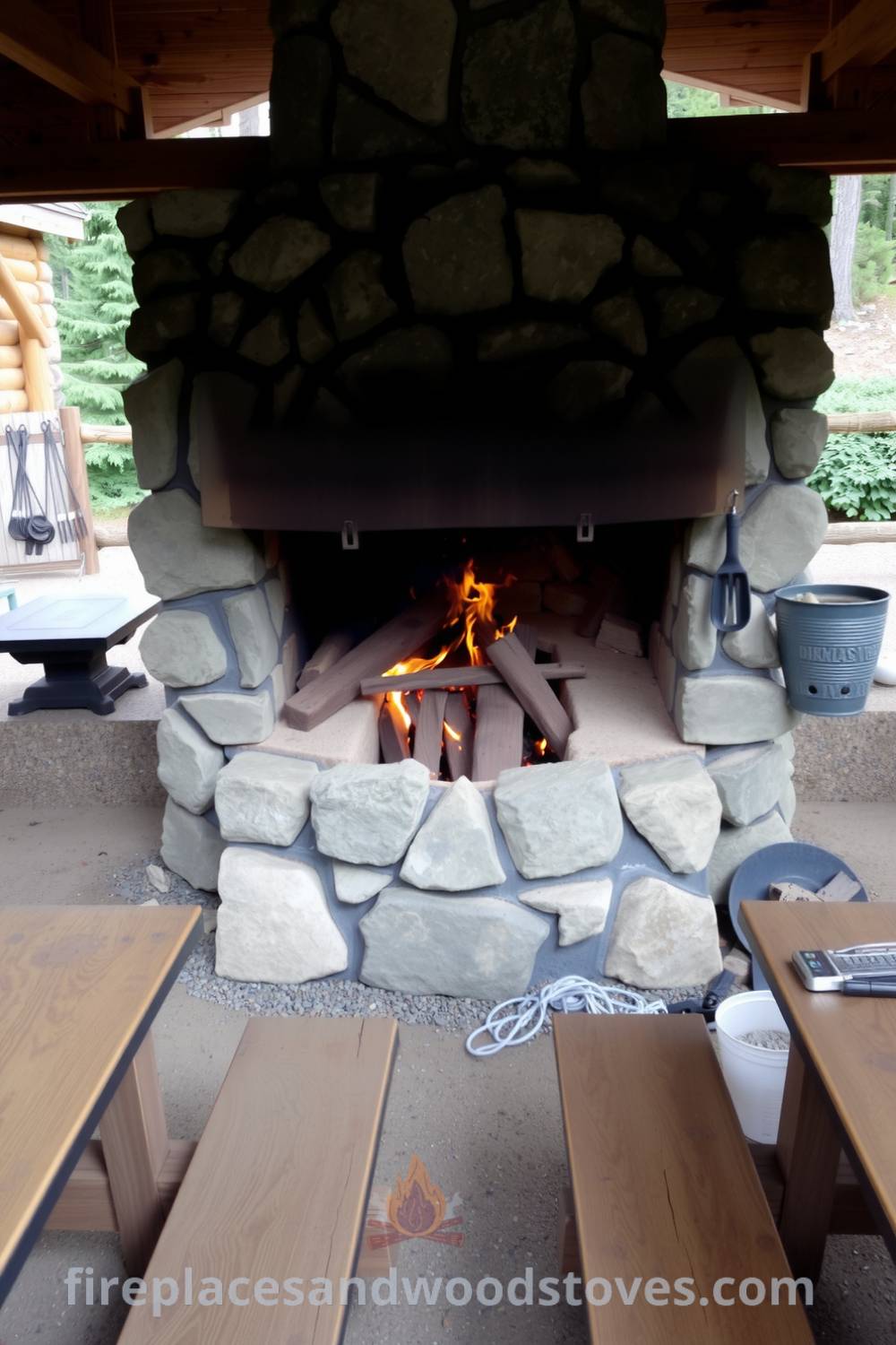 Outdoor barbecue area featuring a sturdy stone hearth surrounded by wooden picnic tables, crackling flames, and an old cast-iron stand with cooking tools, embodying cozy ideas for gatherings in a mountain setting. Visit fireplacesandwoodstoves.com for more decor inspirations.