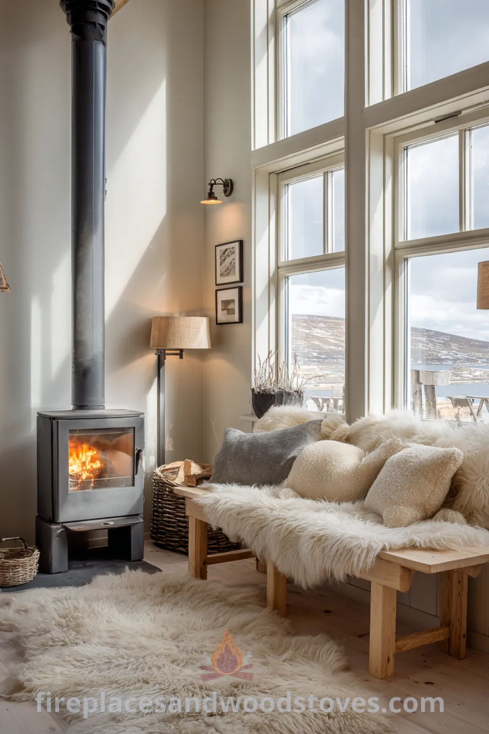 Cozy living area featuring a sleek wood stove, sheepskin throws, and industrial Scandinavian fireplace decor.