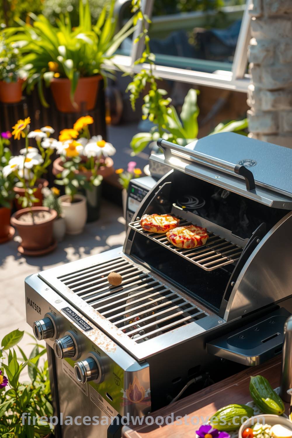 A sturdy barbecue on a sun-drenched patio surrounded by potted herbs and wildflowers, with charred grill grates and smoke wafting from the open lid, creating a cozy outdoor dining atmosphere, complemented by colorful side dishes, as featured on fireplacesandwoodstoves.com.