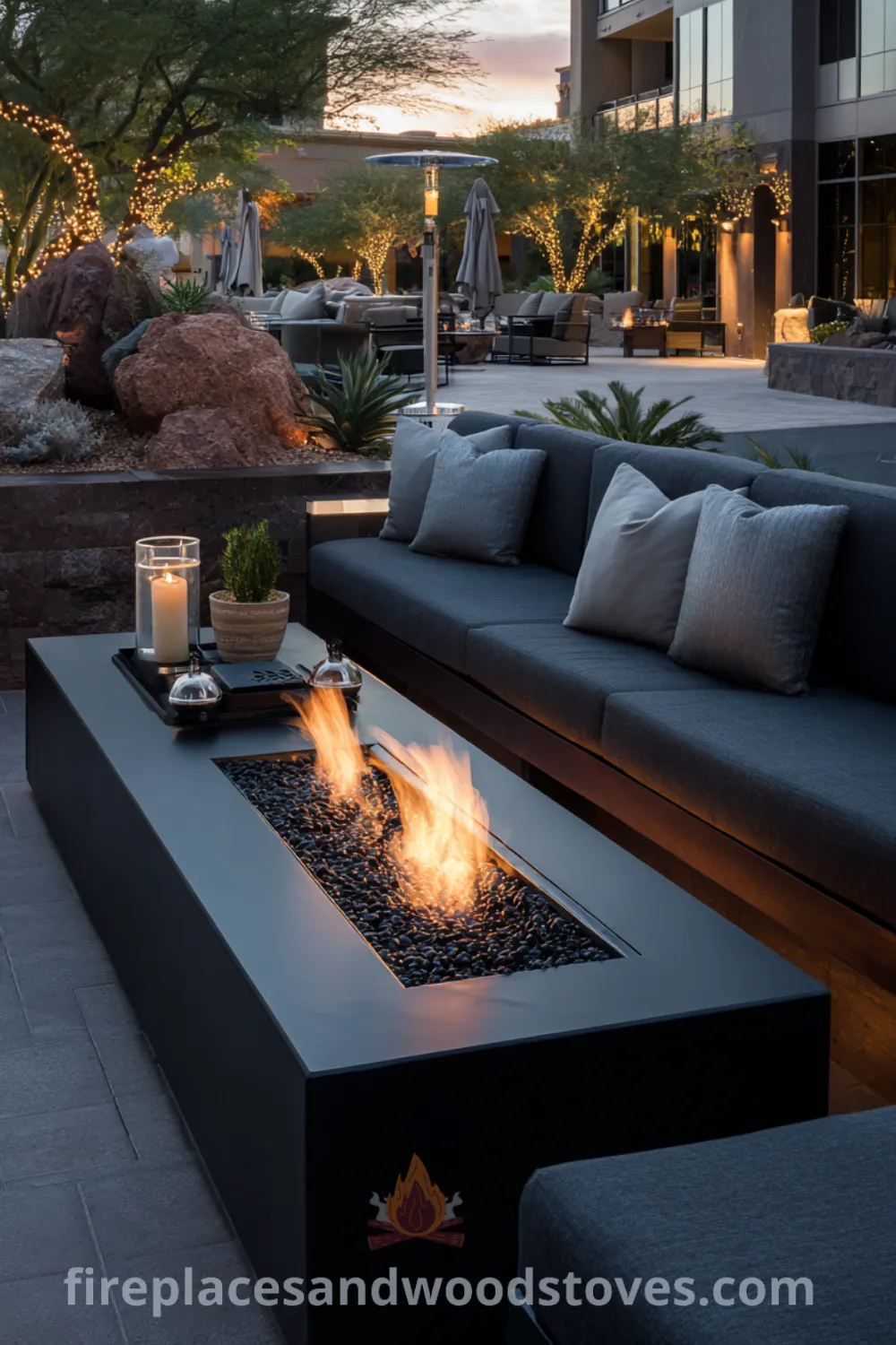 Sleek black powder-coated steel fire pit in a contemporary patio with integrated seating, warm ambiance, and modern minimalist design.