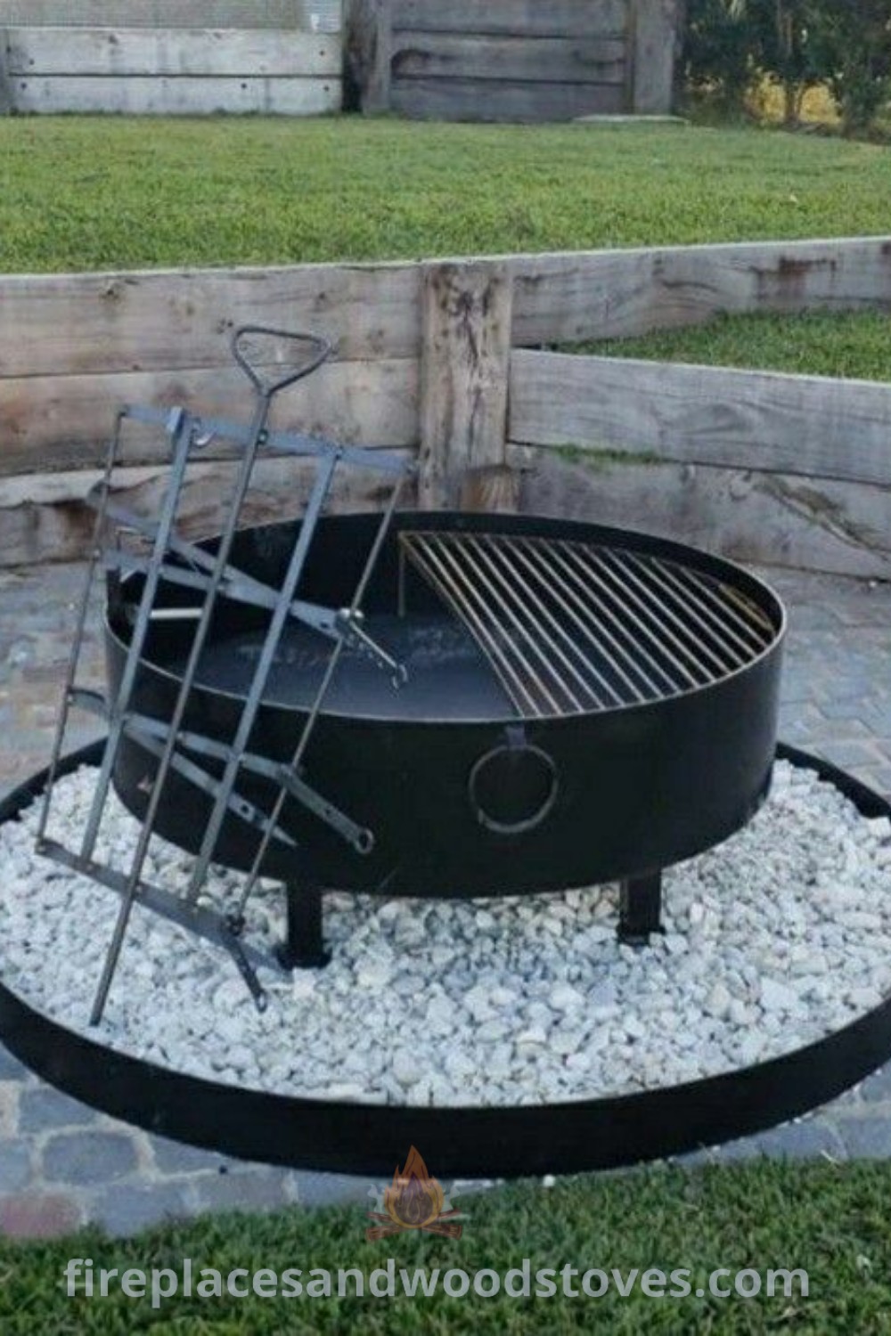 An outdoor BBQ grill on a stone patio next to a wooden fence, creating a cozy garden backyard aesthetic. Ideal for BBQ ideas and fire pit landscape designs, this setup transforms your outdoor area into a stylish gathering place. Find more inspiring ideas at patioandhomefurniture.com.