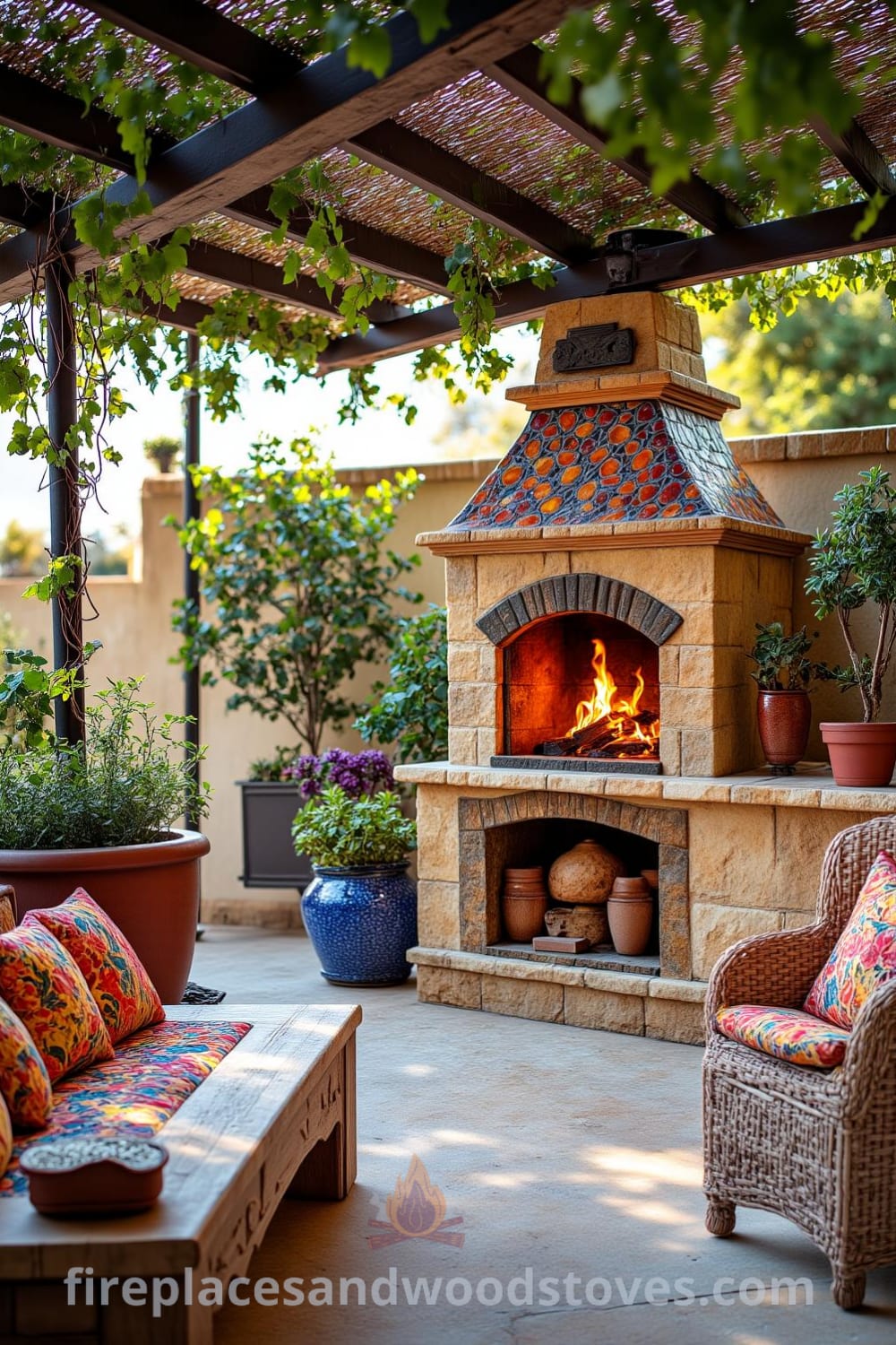 Mediterranean tile outdoor barbecue under a sun-drenched pergola with vibrant ceramics, flames flickering within a stone enclosure, and colorful cushions on wooden benches surrounded by potted herbs, showcasing inspiring decor ideas for your home. Visit fireplacesandwoodstoves.com for unique cozy home inspirations.