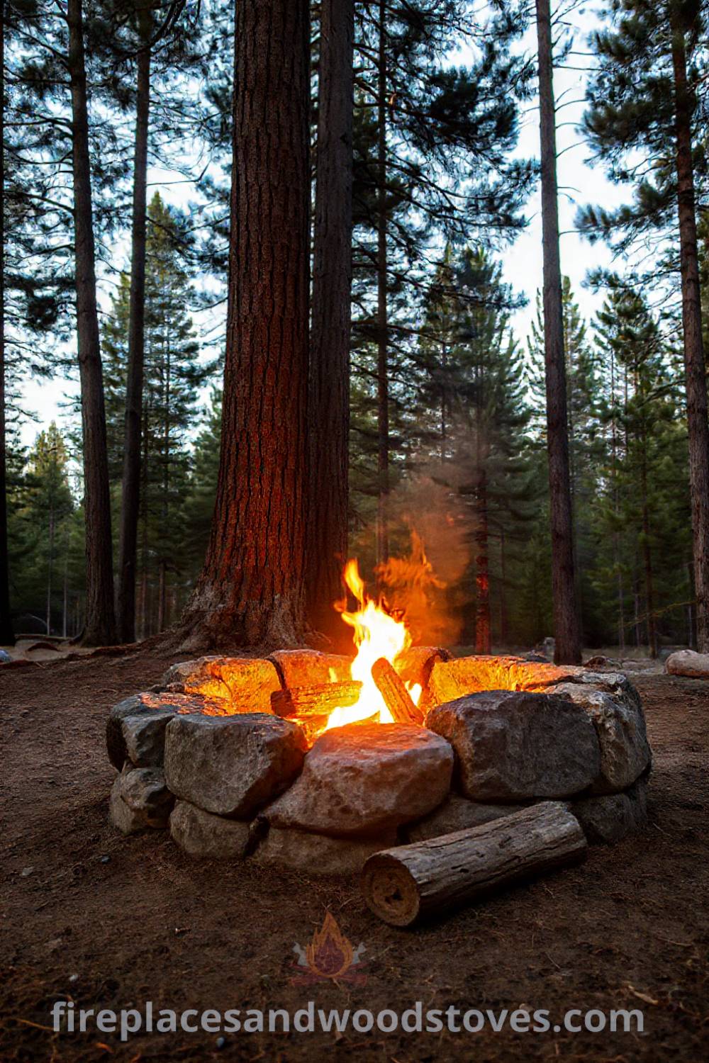 Rustic stone camping fire pit nestled in a pine clearing, with a lively flame illuminating the surroundings and inviting gatherings, perfect for cozy evenings outdoors. Visit patioandhomefurniture.com for incredible outdoor ideas that will wow your guests.