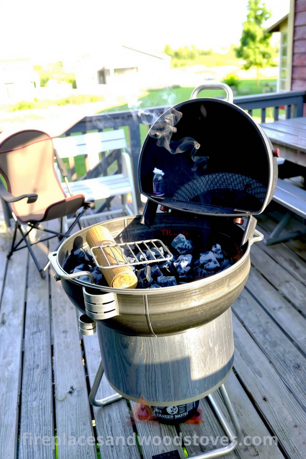 Barbecue on a weathered wooden deck with a glistening silver grill, smoldering charcoal briquettes, and cozy mismatched folding chairs, surrounded by an old picnic table, creating a charming and inviting atmosphere for outdoor dining perfect for home decor ideas at fireplacesandwoodstoves.com.