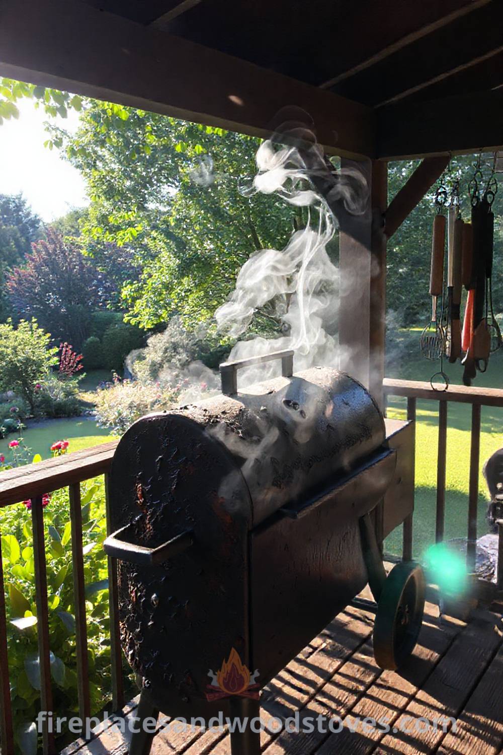 Outdoor barbecue smoker on a wooden deck overlooking a lush garden, surrounded by grilling tools, creating a cozy retreat for culinary adventures and memorable gatherings. Visit patioandhomefurniture.com for incredible ideas that will wow your guests.