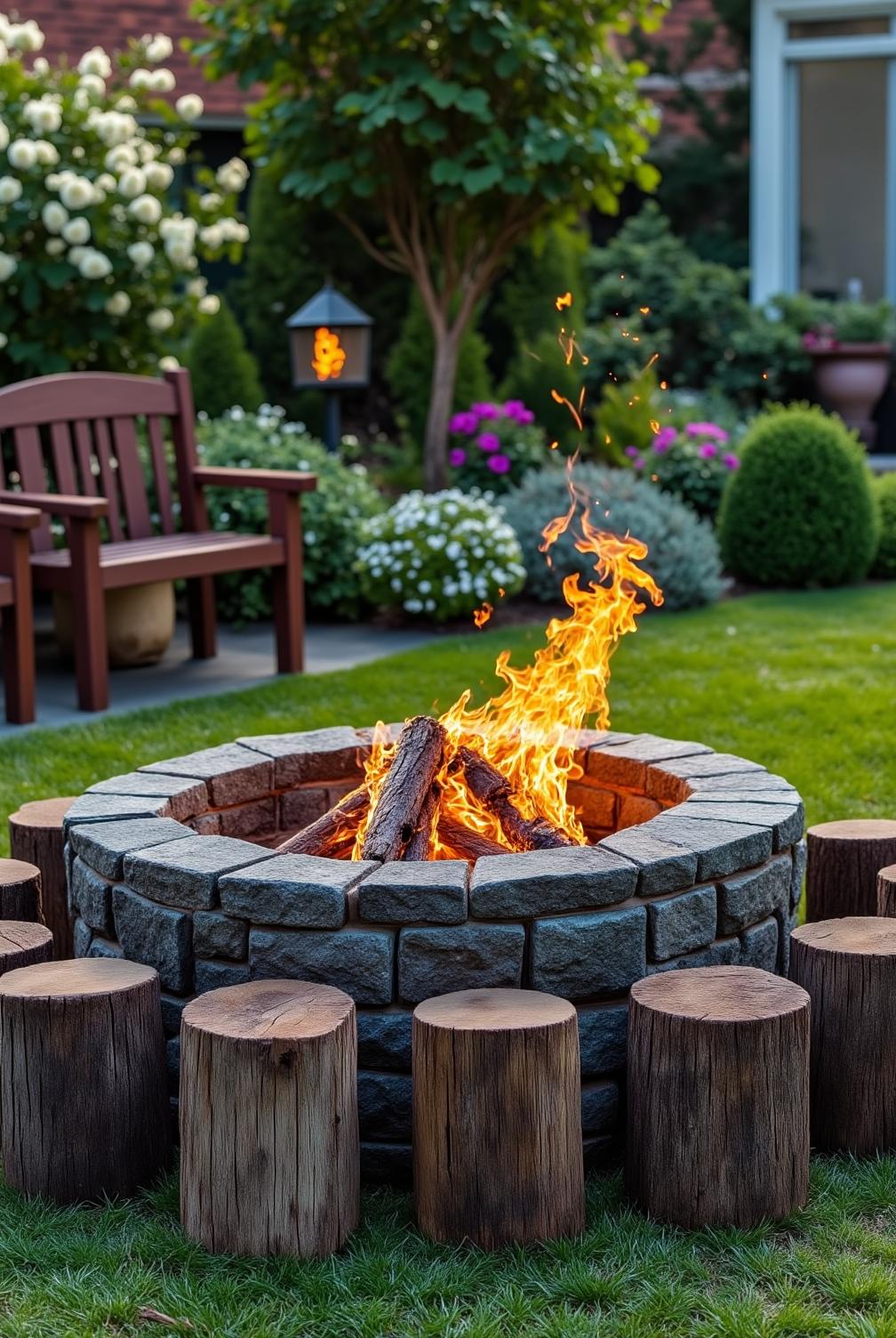 Stone fire pit surrounded by wooden stumps in a cozy backyard, with flickering flames casting warm light on green grass and flower beds, creating an inviting atmosphere perfect for gatherings. For more cozy ideas, visit fireplacesandwoodstoves.com.