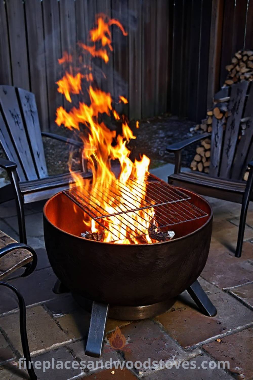 Heavy-duty metal fire pit with grill grate on flagstone patio surrounded by weathered chairs, creating a cozy outdoor gathering space perfect for friends and family evenings. Visit patioandhomefurniture.com for stylish ideas that will wow your guests.
