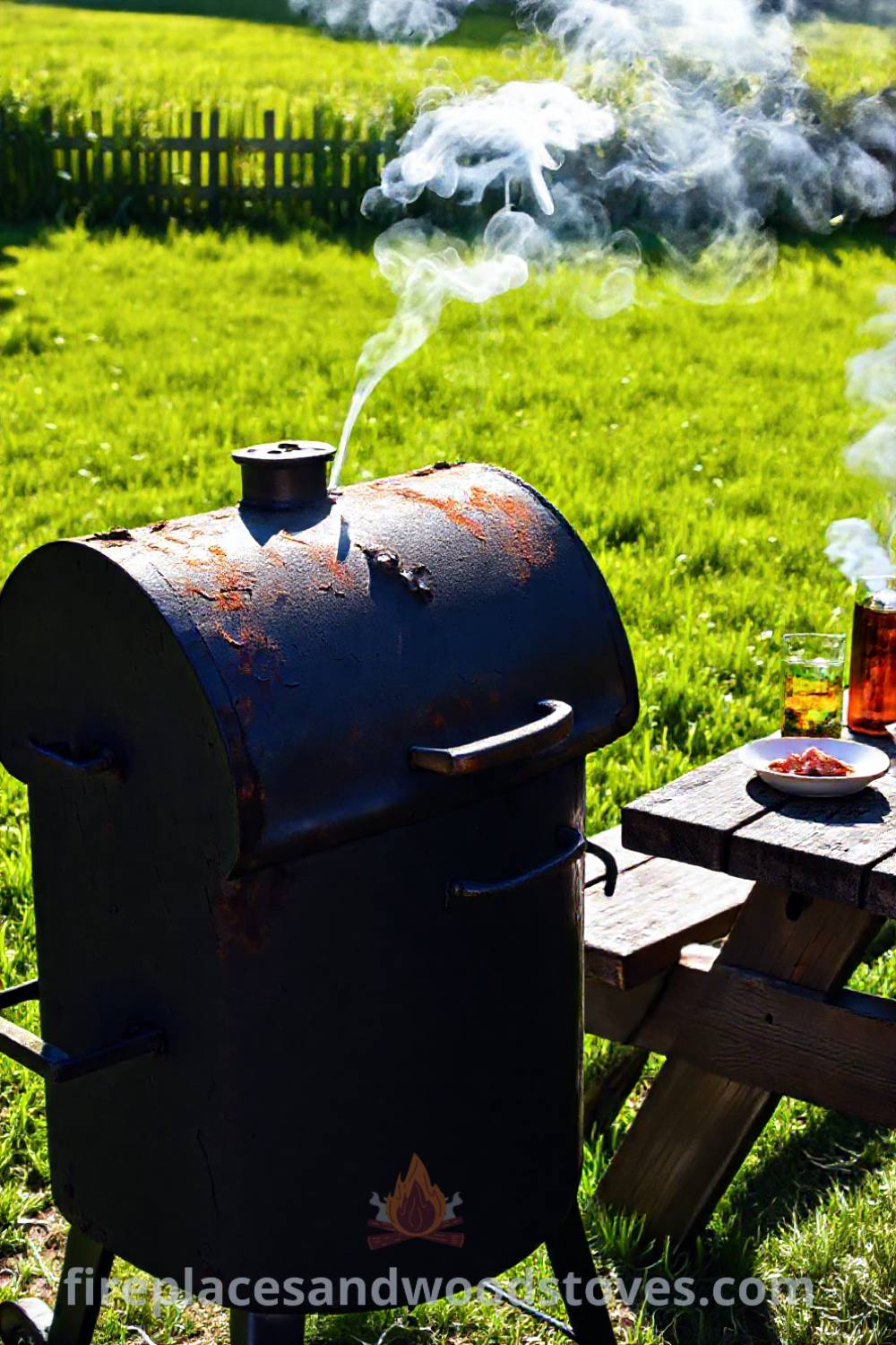 Sturdy barbecue smoker in a sun-drenched backyard with vibrant grass, wisps of smoke, and a weathered picnic table, creating a cozy and inviting outdoor cooking atmosphere. Visit patioandhomefurniture.com for stylish outdoor ideas that will wow your guests.