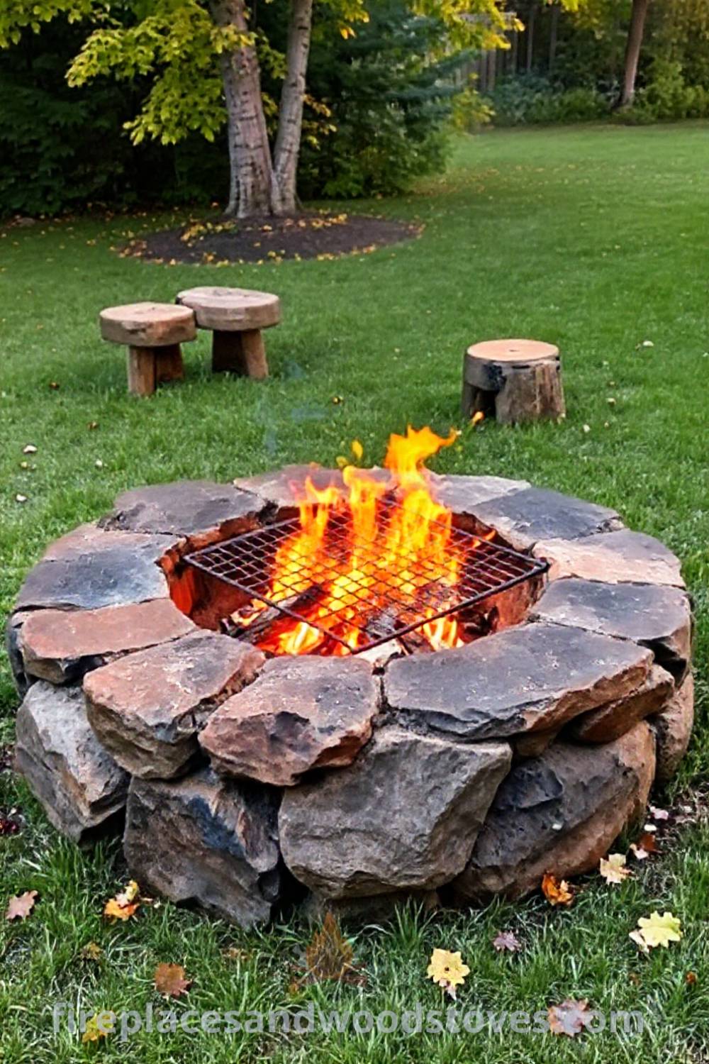 Wood-burning stone fire pit in a cozy backyard setting, surrounded by grass and autumn leaves, with flames flickering and log stools for seating, creating a perfect gathering spot. Visit patioandhomefurniture.com for stylish outdoor design ideas that will wow your guests.