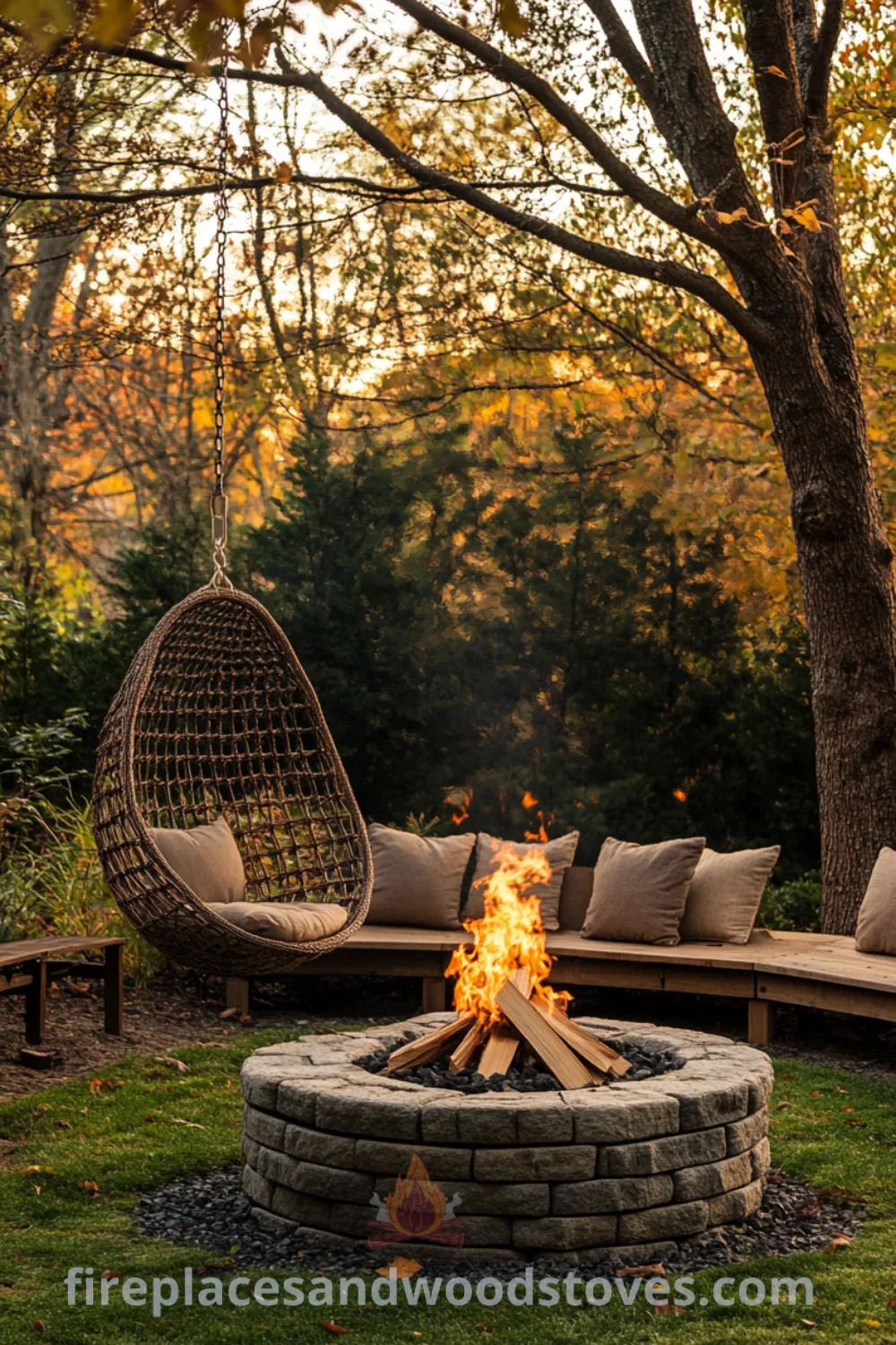 Cozy backyard fire pit area on fireplacesandwoodstoves.com, showcasing a warm outdoor seating area, inviting backyard landscaping, and decor ideas for a stylish outdoor hangout area.