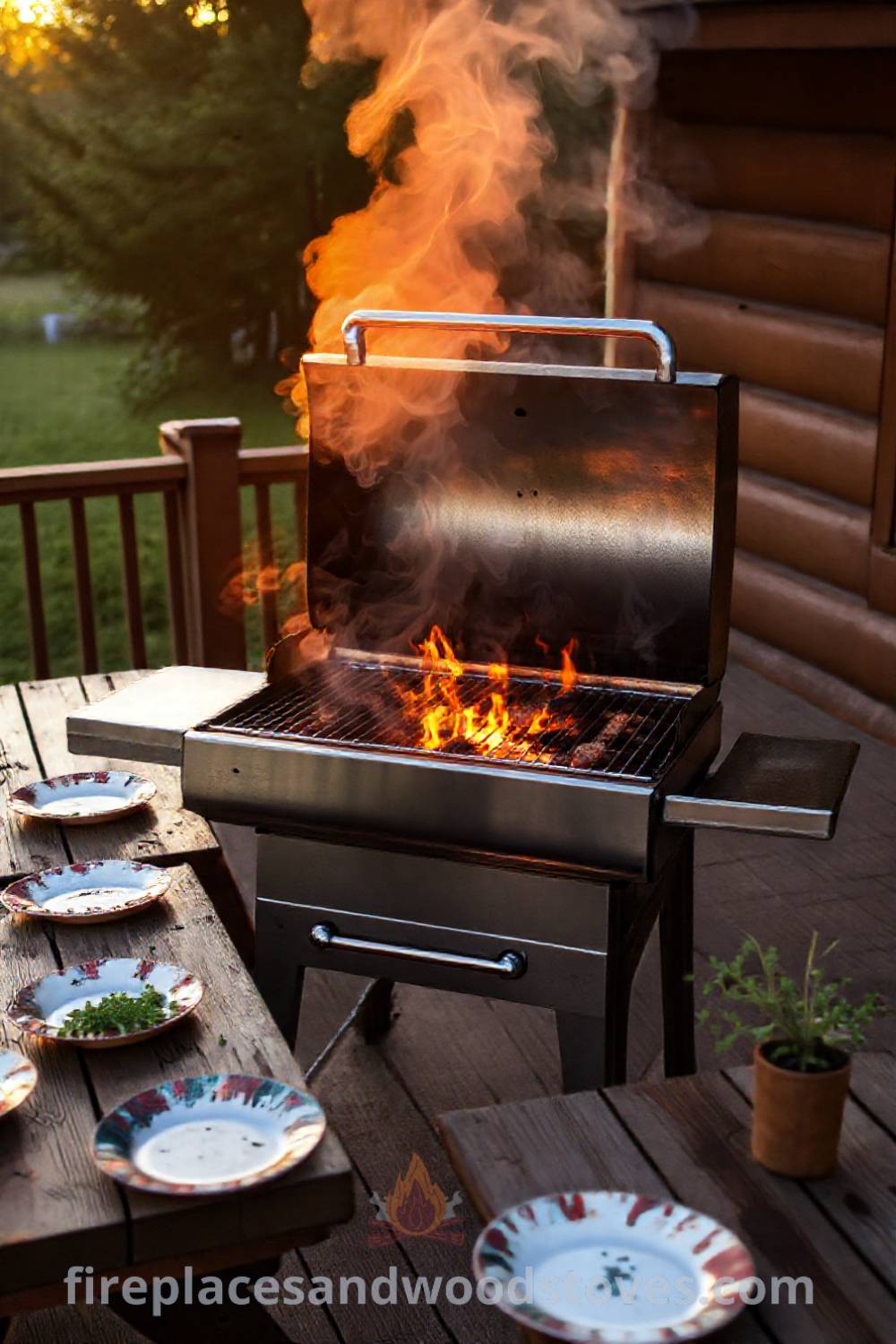 Sturdy outdoor BBQ grill on a wooden deck surrounded by picnic tables with mismatched plates and fresh herbs, creating a cozy atmosphere perfect for gatherings. Visit patioandhomefurniture.com for stylish outdoor design ideas that will wow your guests.