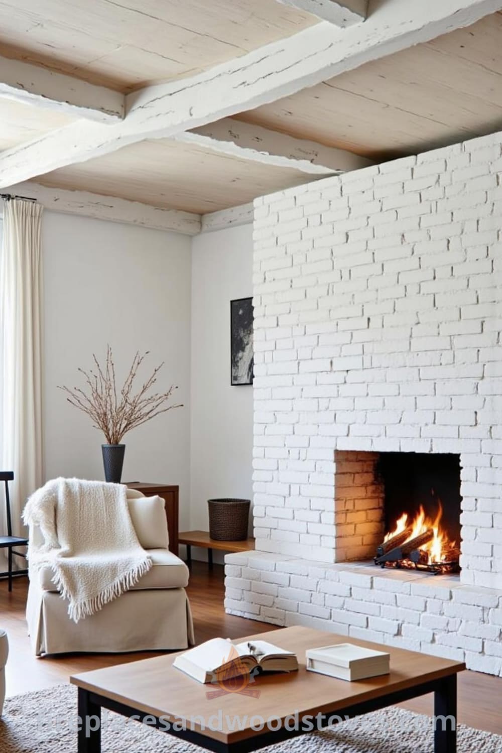 Cozy Scandinavian living room featuring a whitewashed fireplace, light-toned wooden beams, woolen throws, and a low coffee table with well-worn books, creating a warm and inviting atmosphere. Visit fireplacesandwoodstoves.com for more cozy ideas and decor inspirations.