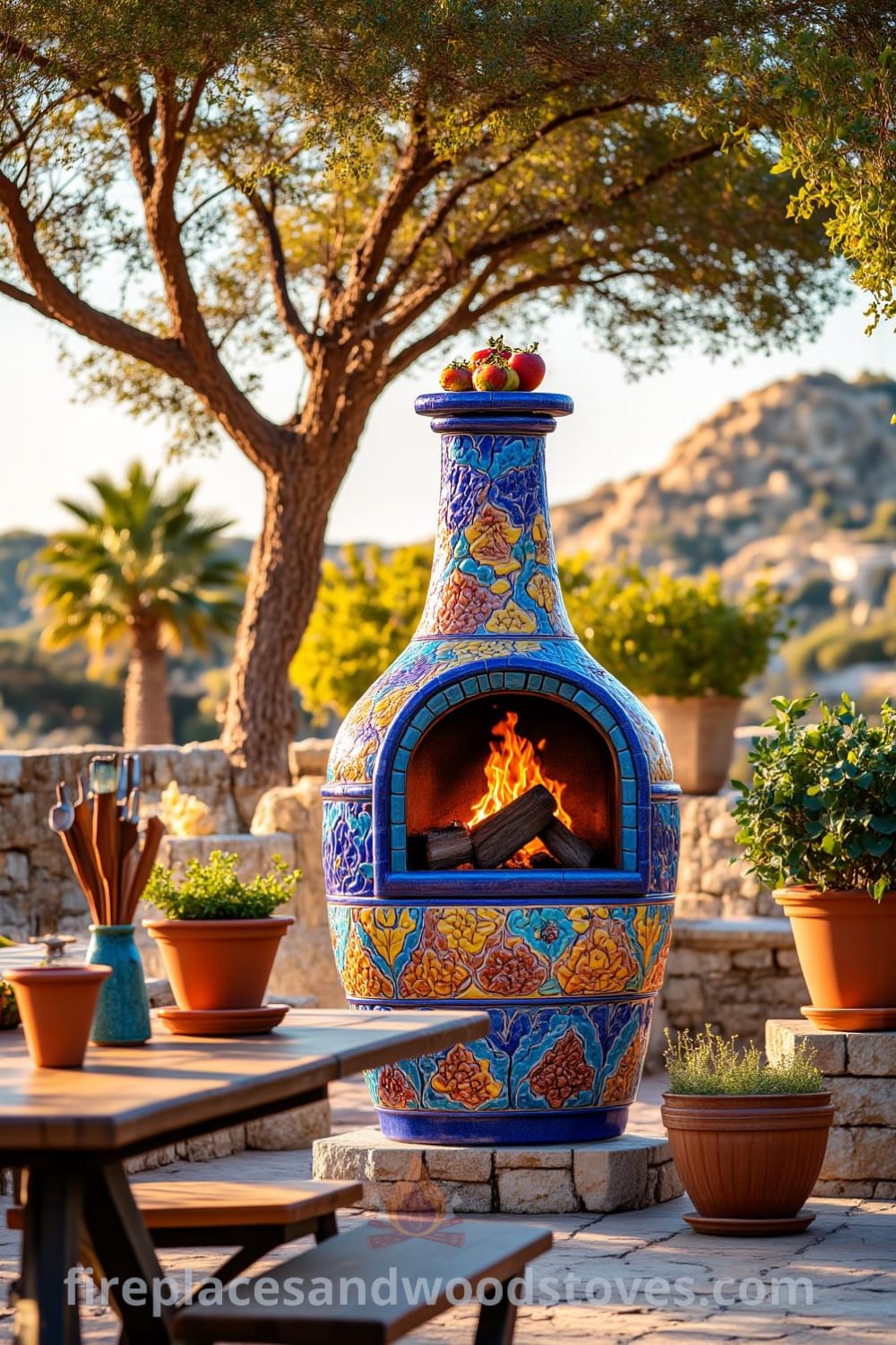 Vibrant Mediterranean tile outdoor barbecue basking under the setting sun on a sun-kissed patio, surrounded by terracotta pots filled with herbs and an old wooden table with utensils, creating cozy and inviting decor ideas for your home at fireplacesandwoodstoves.com.
