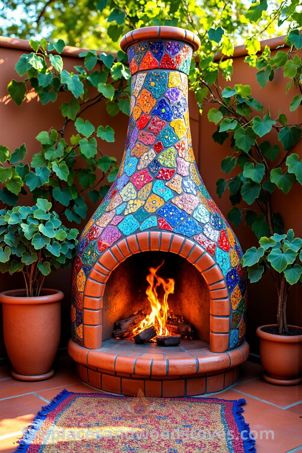 Bohemian mosaic fireplace on a terracotta-tiled patio, surrounded by lush greenery and a handwoven rug, creating cozy decor ideas for your home. Discover unique design ideas and inspirations at fireplacesandwoodstoves.com.