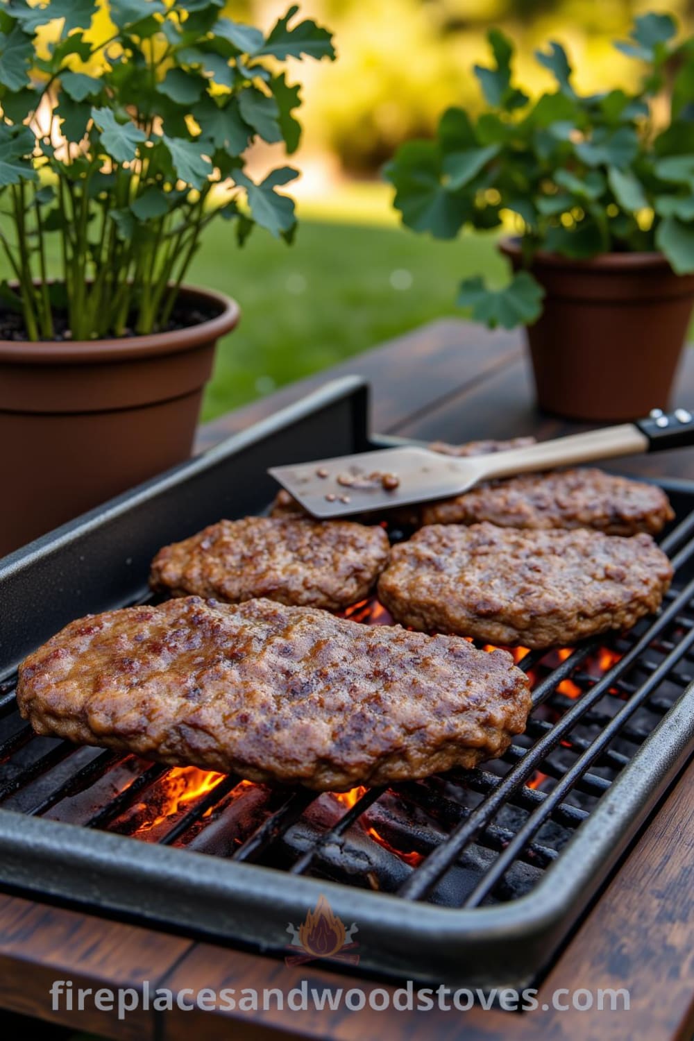 A sturdy barbecue on a wooden deck with flickering flames beneath the grill, surrounded by potted herbs and a spatula, creating a warm and inviting atmosphere. Visit fireplacesandwoodstoves.com for cozy home decor ideas.