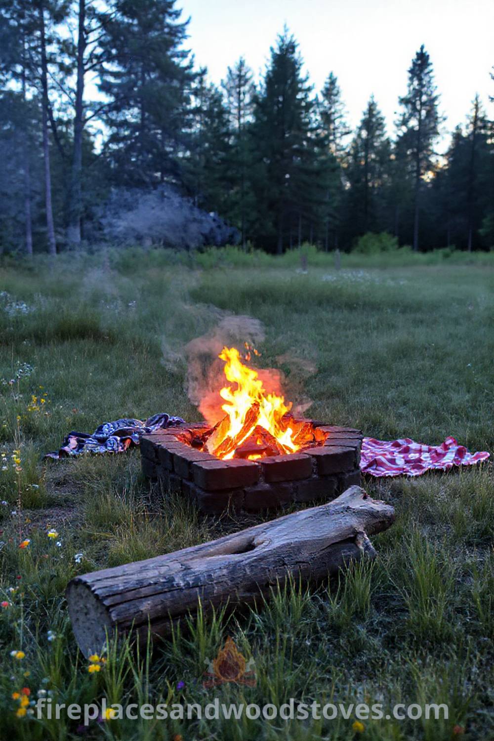Rugged charcoal camping fire pit surrounded by wildflowers and grassy clearing with glowing coals and flickering flames, ideal for cozy outdoor gatherings, perfect for inspiration in transforming your backyard, visit patioandhomefurniture.com for incredible design ideas.