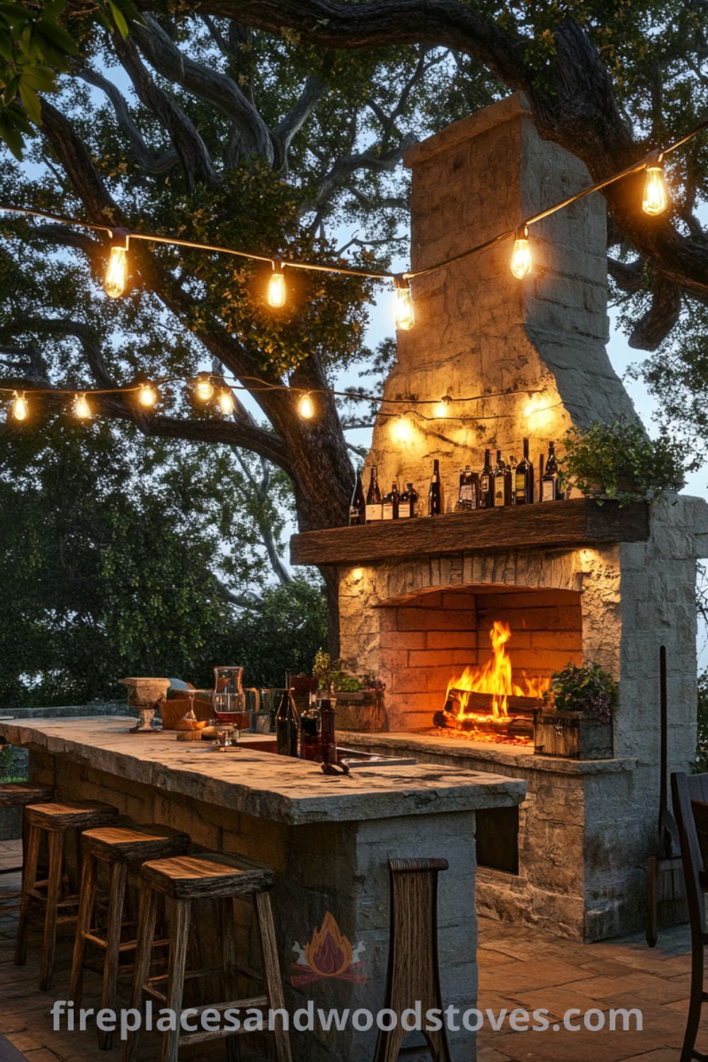 Rustic outdoor kitchen with a stone counter, mismatched wooden stools, and a wood-burning fireplace, illuminated by twinkling string lights, creating a cozy atmosphere ideal for family gatherings and outdoor dining. Explore cozy ideas for your home at wellnesswink.com.