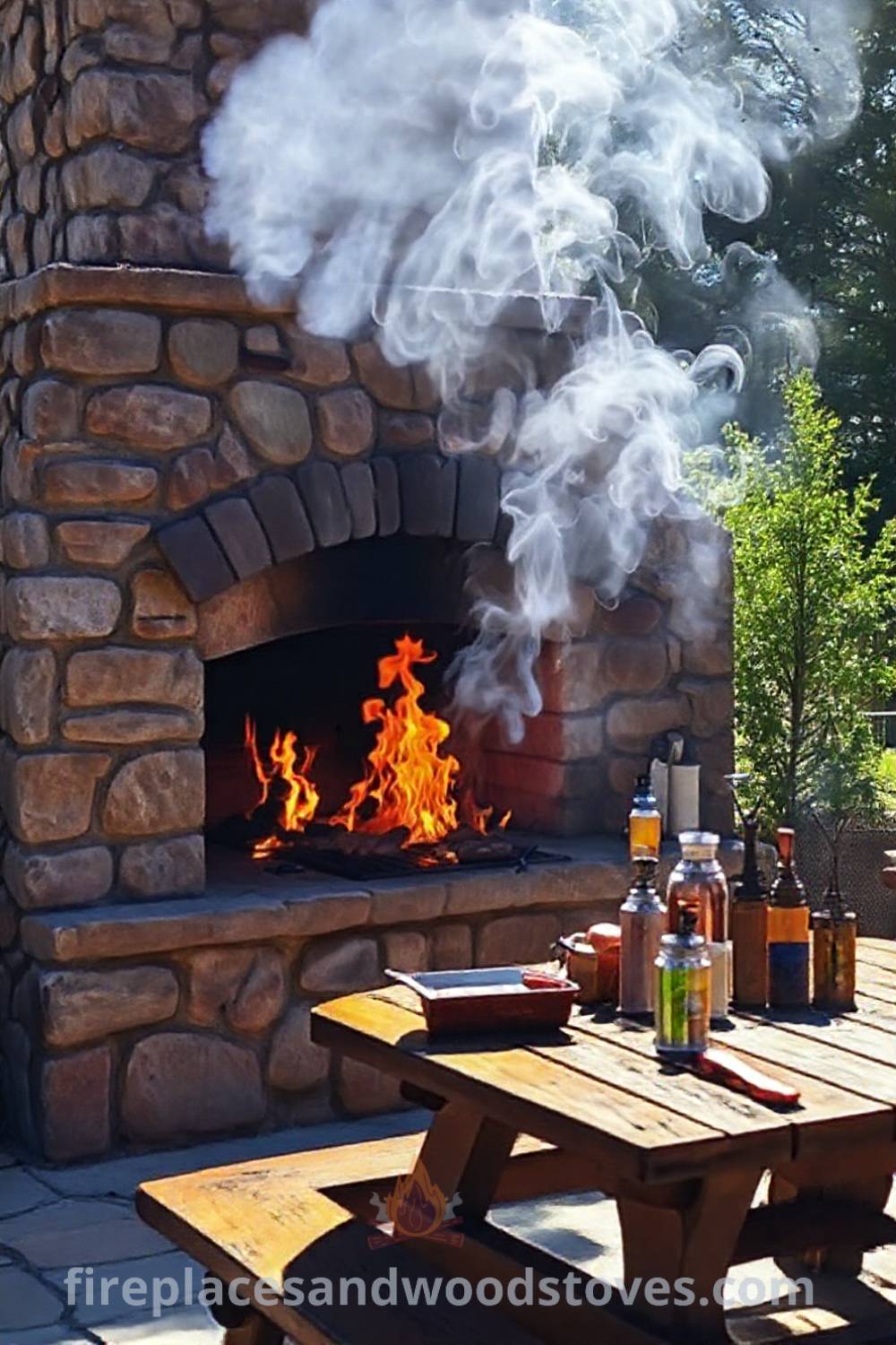 Outdoor fireplace BBQ on a sun-drenched patio with rustic stone, animated flames, and a wooden picnic table filled with condiments, creating a cozy and inviting atmosphere for gatherings. Visit patioandhomefurniture.com for stylish outdoor design inspiration.