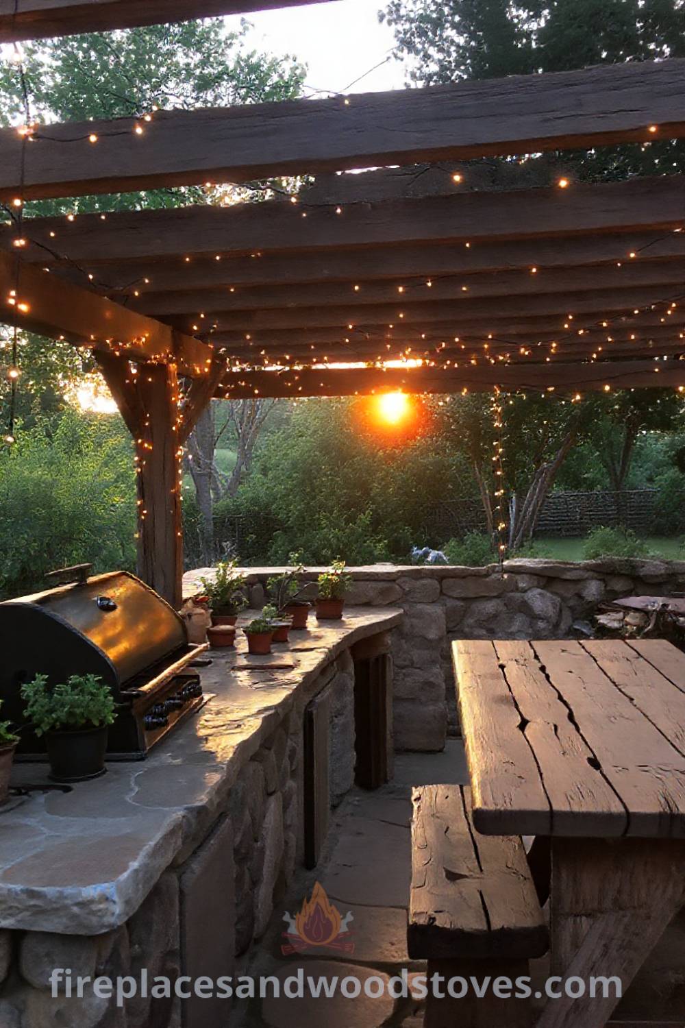 Rustic outdoor kitchen under a wooden pergola with twinkling fairy lights, featuring a stone countertop, grill, and fresh herbs, creating a cozy and inviting atmosphere for al fresco dining. Visit patioandhomefurniture.com for creative ideas that will wow your guests.