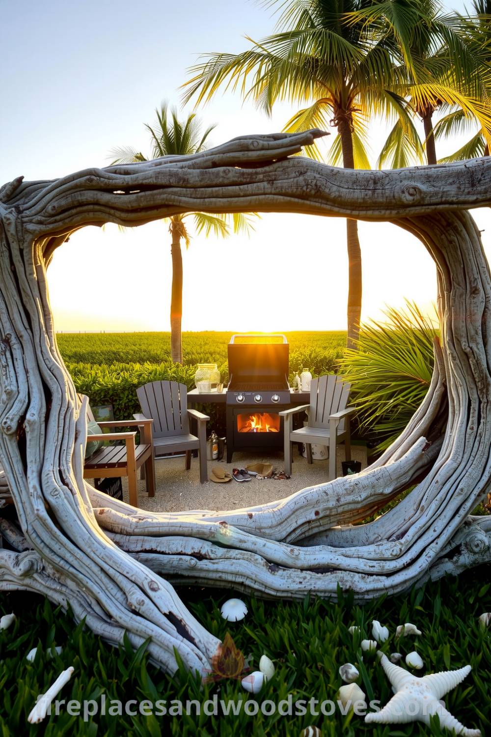 Rustic outdoor barbecue framed by sun-bleached driftwood and coastal grass, surrounded by mismatched chairs, under swaying palm trees, offering cozy ideas for a seaside cookout, beautifully blending nature and comfort at fireplacesandwoodstoves.com.
