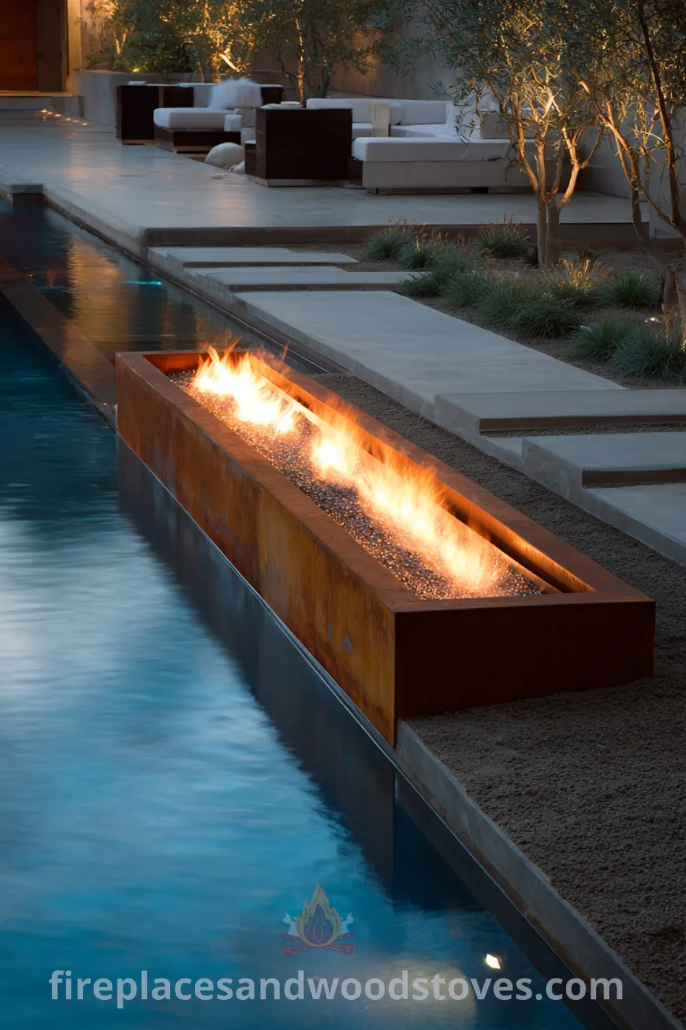Corten steel fire pit alongside a water feature, featuring clean lines, vibrant fire glass, and modern minimalist fire pit design.