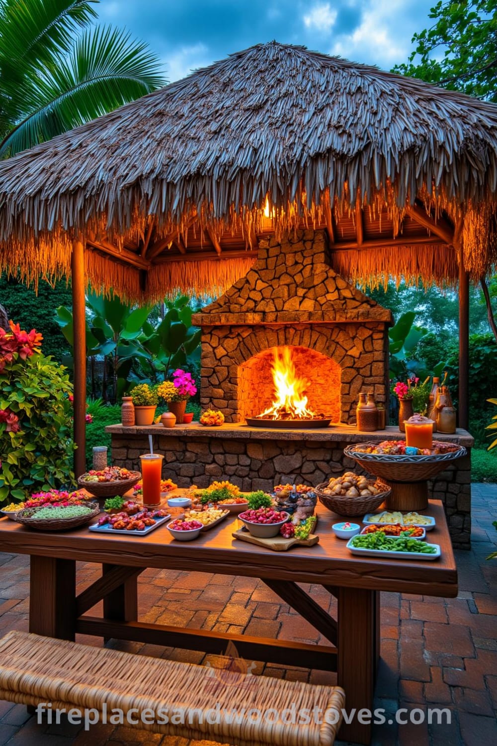 Tropical tiki barbecue under a palm-thatched roof in a vibrant garden, featuring a rustic fire pit with warm flames, colorful dishes on a weathered table, and inviting decor ideas for a cozy outdoor gathering, showcasing unique ideas for your home at fireplacesandwoodstoves.com.