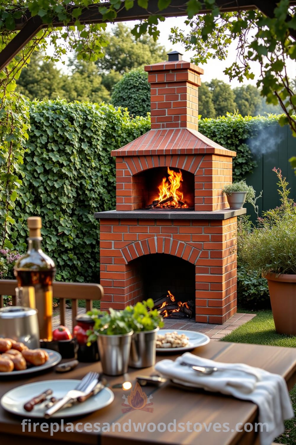 Traditional brick barbecue on a sunlit patio with a warm fire, surrounded by lush garden plants and a wooden table set for a casual gathering, creating cozy ideas for outdoor entertaining. Visit fireplacesandwoodstoves.com for unique design ideas and decor inspirations.