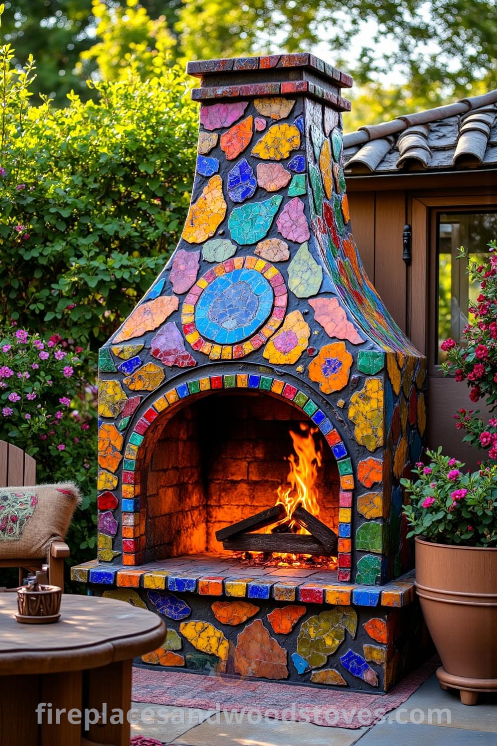 Colorful Bohemian mosaic fireplace in a sun-drenched backyard, surrounded by lush greenery and fragrant flowers, with flickering flames and mismatched wooden chairs. Ideal for cozy evenings, this inspiring outdoor space showcases unique decor ideas for a vibrant home at fireplacesandwoodstoves.com.