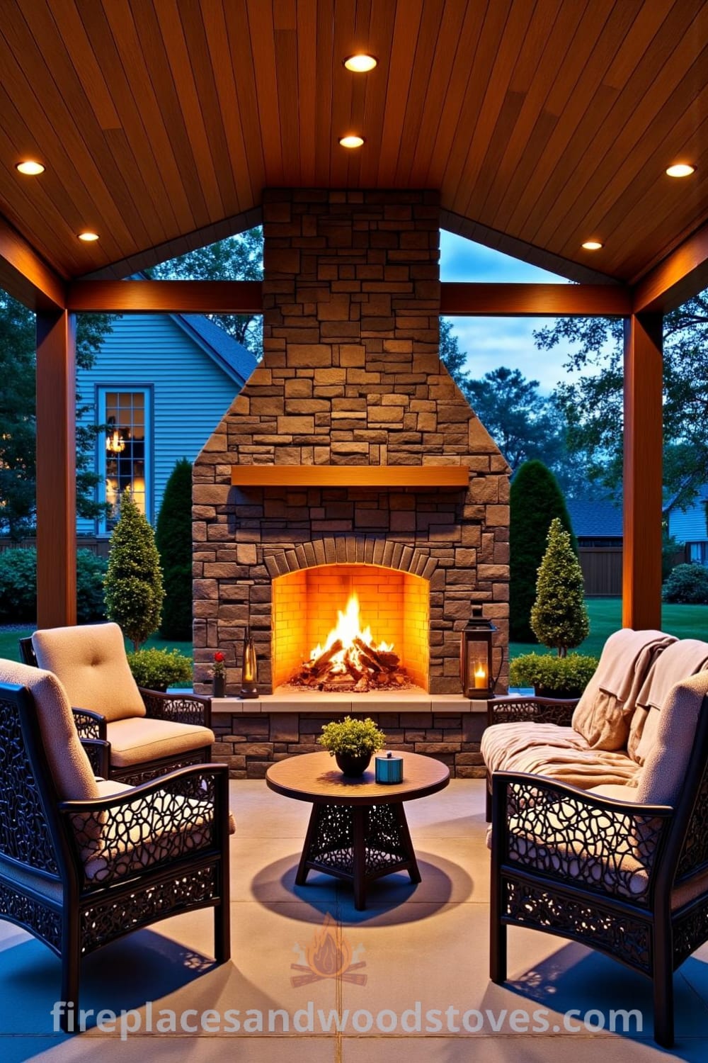 Outdoor patio featuring a stylishly designed outdoor fireplace with earthy stone facade, inviting wrought iron chairs with cozy blankets, and potted plants, creating a serene ambiance perfect for gatherings and storytelling. Find unique ideas for your home at fireplacesandwoodstoves.com.