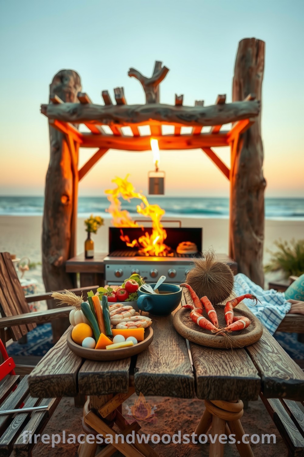 Coastal driftwood barbecue setup on a sandy beach featuring weathered wood, fresh seafood, and vibrant veggies, creating a cozy and inviting atmosphere for summer gatherings, ideal for inspiring unique ideas for your home at fireplacesandwoodstoves.com.