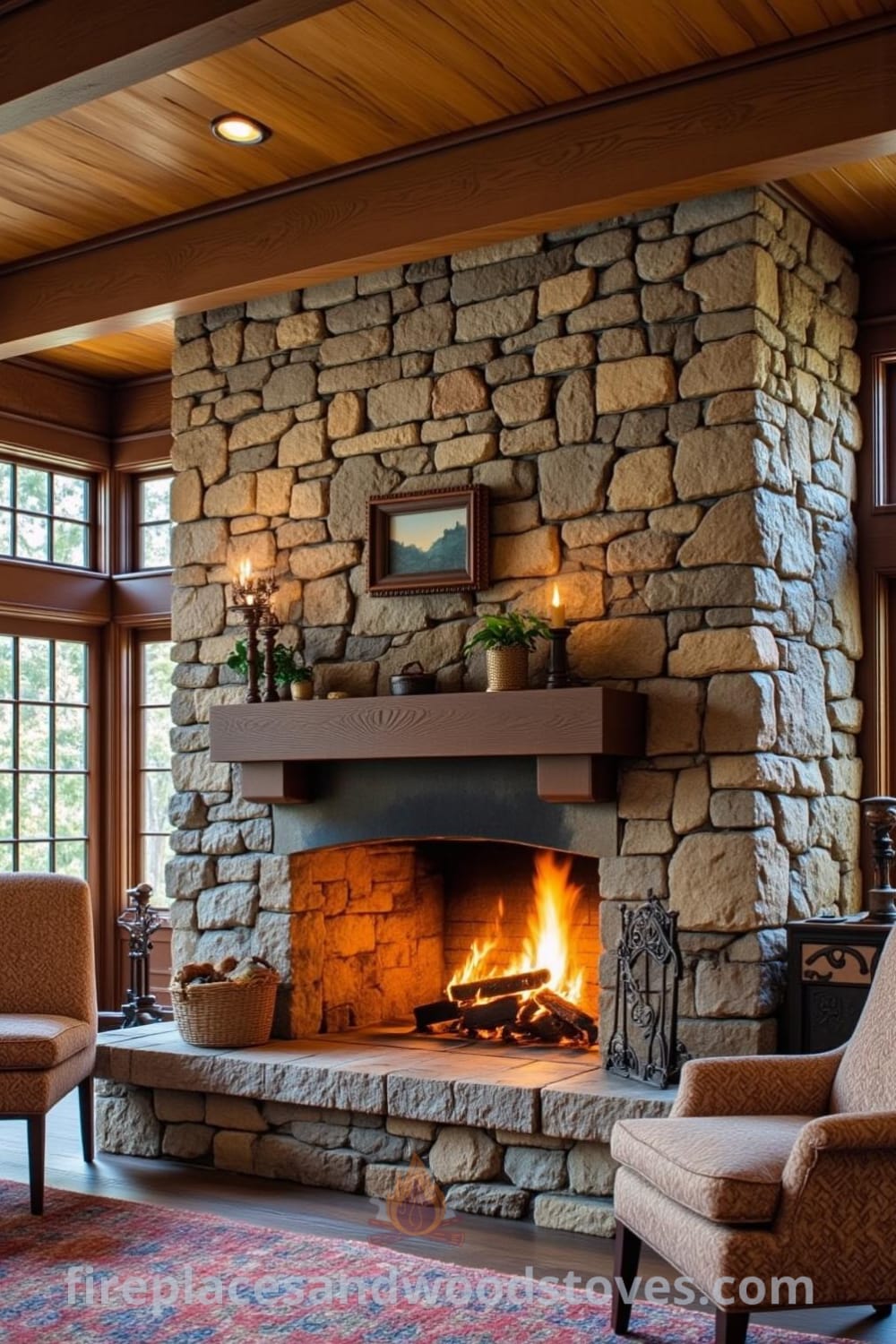 Rustic fireplace in a cozy living room made of rough-hewn stone with warm flames, wooden beams, mismatched armchairs, and a worn rug, providing a comforting and inviting atmosphere, perfect for inspiring decor ideas on fireplacesandwoodstoves.com.