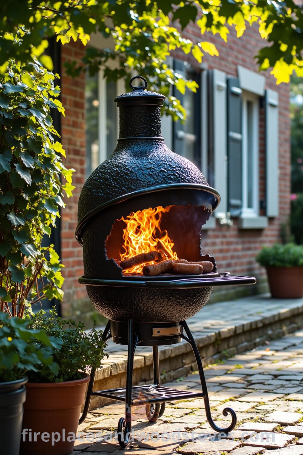 Victorian wrought iron barbecue on a cobblestone patio with flames flickering in the firebox, surrounded by potted herbs and rustic stonework, offering cozy ideas for outdoor spaces, design ideas, and decor inspirations at fireplacesandwoodstoves.com.