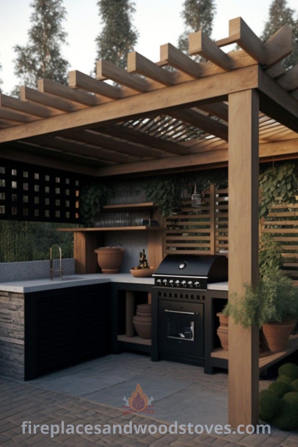 An outdoor kitchen and grill area featuring potted plants, showcasing stylish designs for small barbecue areas. Ideal for outdoor cooking and entertaining, this setup offers incredible ideas to transform your backyard. Discover more inspiring outdoor kitchen concepts at patioandhomefurniture.com.