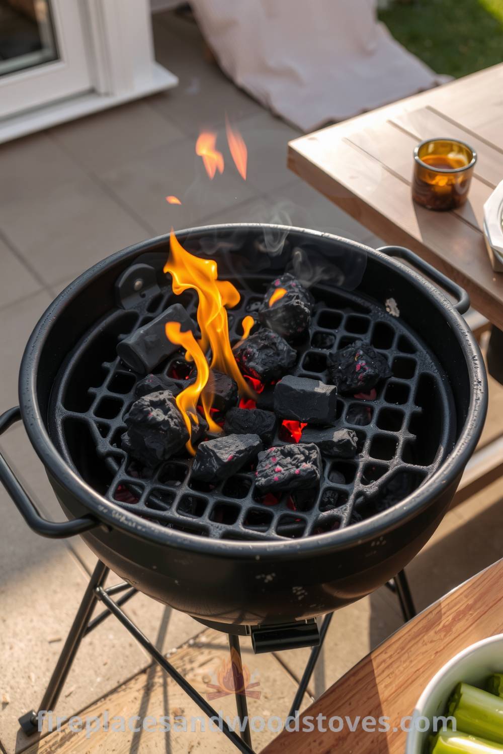 Charcoal barbecue on a sunlit patio with glowing coals, remnants of past meals on the grill grates, a wooden table with fresh vegetables, and a warm, inviting atmosphere, bringing cozy ideas for outdoor dining. Visit fireplacesandwoodstoves.com for more cozy home inspirations.