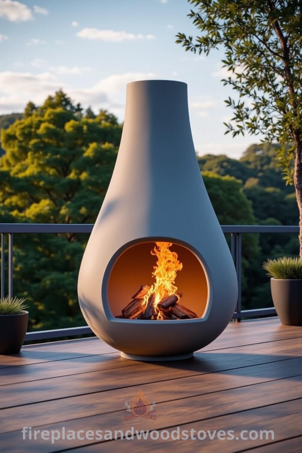 Minimalist concrete outdoor fireplace on a wooden deck with flickering flames, surrounded by potted plants, creating a cozy atmosphere for gatherings, ideal for outdoor relaxation and entertaining. Visit fireplacesandwoodstoves.com for unique design ideas.