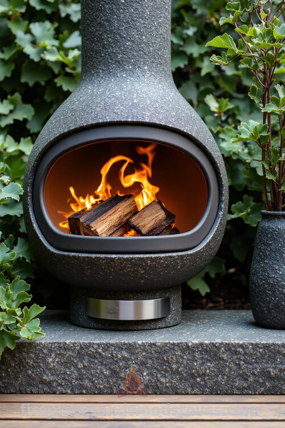 Scandinavian minimalist outdoor barbecue on a wooden deck surrounded by lush greenery, featuring clean lines, a natural wood-burning design, and warm flickering flames creating a cozy atmosphere, offering inspiring ideas for your home decor at fireplacesandwoodstoves.com.