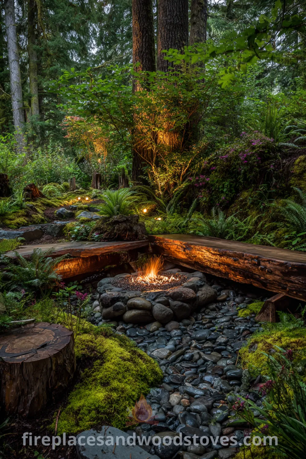 A cozy rustic fire pit with natural stone and log seating in a serene outdoor space surrounded by lush greenery.
