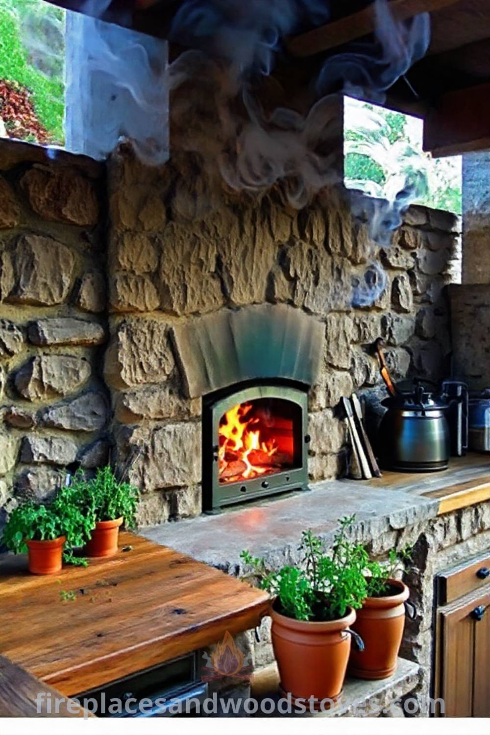 Outdoor kitchen featuring a rustic wood-burning fireplace against a stone wall, wooden countertops, terracotta pots with herbs, and cooking utensils, creating a cozy and inviting atmosphere for alfresco dining and gatherings. Visit patioandhomefurniture.com for stylish outdoor design ideas that will wow your guests.