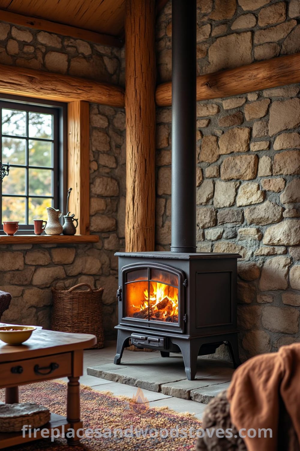 Cozy wood stove in a living room setting against a stone wall, with warm flickering flames behind a glass door, aged wooden furniture, a woven rug, and the aroma of simmering soup, providing inspiring decor ideas for your home at fireplacesandwoodstoves.com.