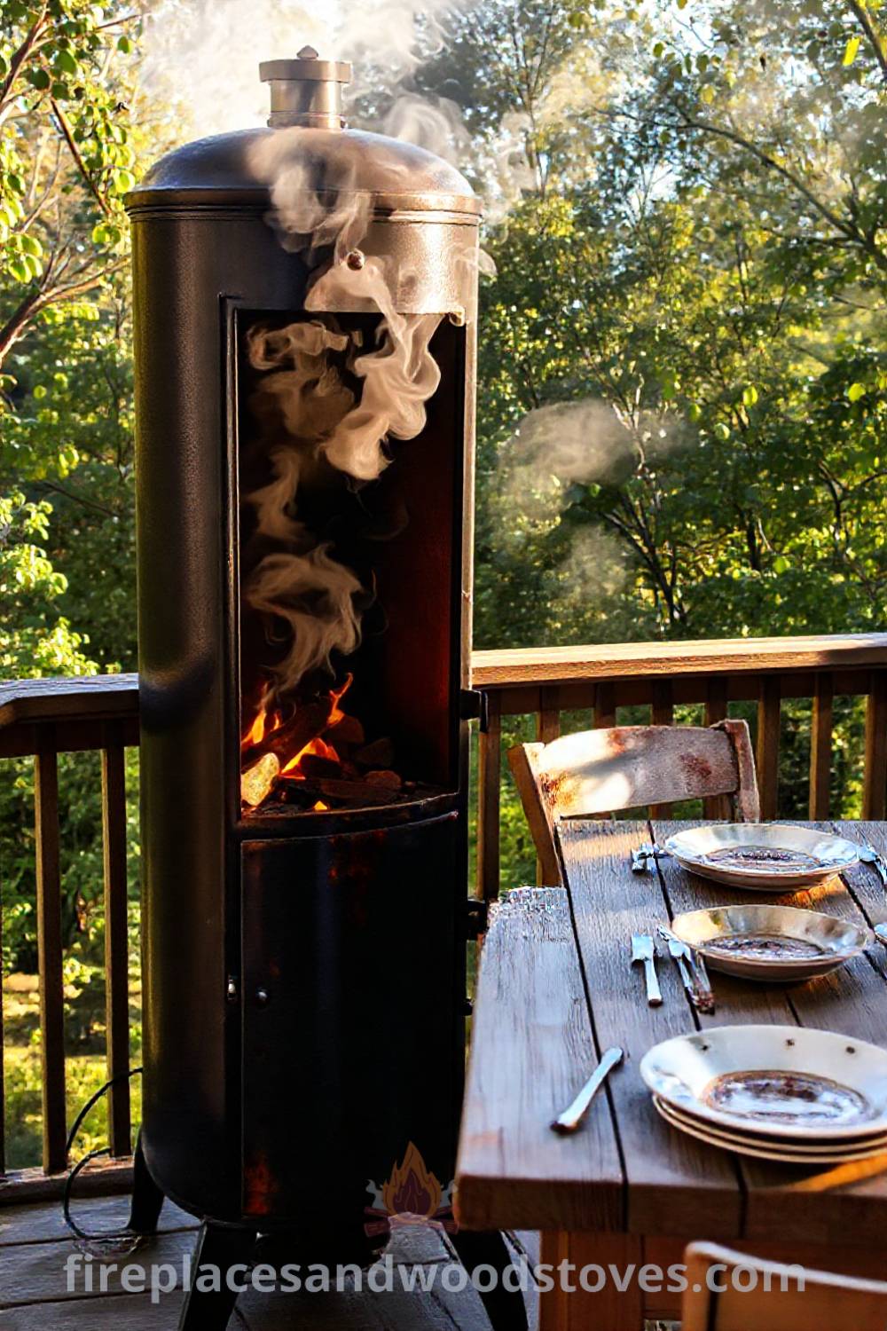 Tall vertical smoker barbecue on a sunlit deck with a weathered wooden table set with mismatched plates, creating a cozy and inviting outdoor dining scene, ideal for gatherings. Visit patioandhomefurniture.com for stylish outdoor design inspiration.