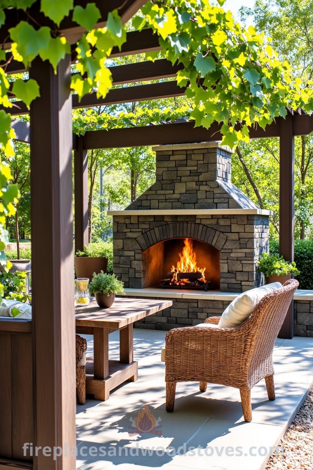Cozy outdoor fireplace integrated into a pergola on a sun-dappled patio, featuring rugged stone facade, warm flickering flames, climbing vines overhead, and weathered wooden furniture, perfect for gatherings. Visit fireplacesandwoodstoves.com for unique decor ideas and inspirations for your home.